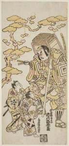 Aktörler Ichikawa Ebizo II, Musashibo Benkei, Sakata Shintaro (?) As Soga no Goro ve Takigawa Kinya (?) "Sazareishi Suehiro Genji" oyununda Soga no Juro olarak, 1744'ün ilk ayında Nakamura Tiyatrosu'nda sahne aldı. by Torii Kiyonobu II