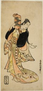 Aktör Ichikawa Monnosuke I, "Nigiwai Suehiro Soga" oyununda Oiso no Tora olarak Morita Tiyatrosu'nda 1721'in ilk ayında (?) by Torii Kiyonobu I