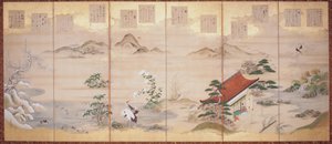 Teika'nın On İki Aylık Şiirleri (kağıt üzerine mürekkep, renkli ve altın varak, altı katlı ekran) by Tosa Mitsunari