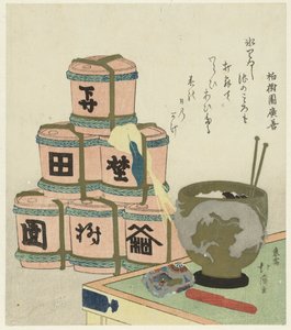 Mangal ve Üstü Üstü Sake Fıçıları by Totoya Hokkei