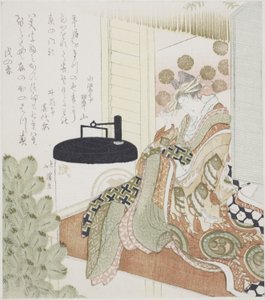 Bir fenerin yanında bir verandada oturan fahişe by Totoya Hokkei