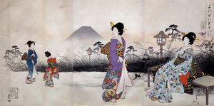 Fuji Dağı'nın önünde yürüyen Japon kadınları Toyohara Chikanobu (1838-1912) 1896 Özel koleksiyon Japon baskısı