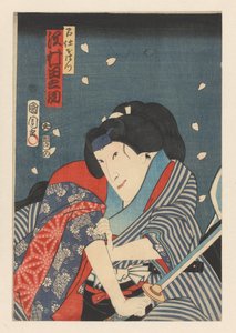 Ohatsu, kılıcı sallayarak, Iwafuji Sawamura Tanosuke III'e Ohatsu olarak saldırır (nesnedeki başlık) by Toyohara Kunichika
