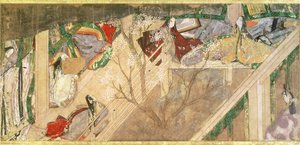 'The Tale of Genji' ('Genji Monogatari') Prens Genji'nin romantik hayatı hakkında 10. yüzyıl romanı, çizim Hikokuni Tokugawa II (fl.1821-24), pub. 19. yüzyıl by Toyokawa Hikokuni