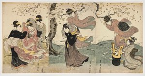 Japon sanatı: Rüzgardaki Çiçekler (bir ağacın dallarına flamalar asan kadınlar ve bir adamla sahne) - Utagawa Toyokuni (1769-1825) tarafından basılmış linocut (37.8x75.9), yaklaşık 1797-1800 - Honolulu Sanat Akademisi