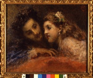 Attrazione (Cazibe), bir adam bir suç ortağı ve güven verici bir şekilde bir çocuğa doğru eğilir. Muhtemelen bir baba ve kızıdır (ağızdan ağıza). Boyama Tranquillo Cremona (1837-1878) Galleria d