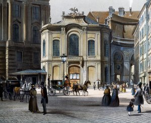 Sağda Winterreitschule (kış binicilik okulu) ile Viyana Michaelerplatz'daki Burgtheater, Tranquillo Mollo (1767-1837), renkli gravür, Avusturya by Tranquillo Mollo