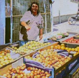Meyve satıcısı (San Juan, Arjantin), 2016 (tahta üzerine yağlıboya) by Trevor Burgess