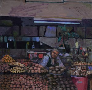 Patates tezgahı (Quito, Ekvador), 2015 (tahta üzerine yağlıboya) by Trevor Burgess