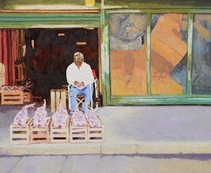 Sarımsak satmak (San Juan, Arjantin), 2016 (tahta üzerine yağlıboya) by Trevor Burgess