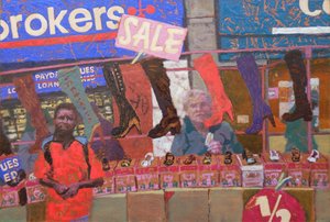 Ayakkabı tezgahı (Deptford, Londra), 2013 (tahta üzerine yağlıboya) by Trevor Burgess