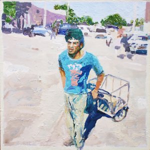 Tramvay adamı (San Juan, Arjantin), 2014 (tahta üzerine yağlıboya) by Trevor Burgess
