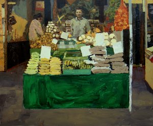 Sebze tezgahı (Deptford, Londra), 2009 (tahta üzerine yağlıboya) by Trevor Burgess