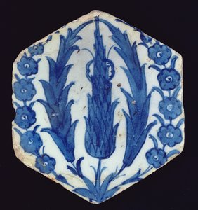 Altıgen İsnik çini, selvi ve budaklı, 1560-70 (renkli sırlı toprak kap) by Turkish School