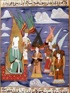Peygamber Muhammed (Muhammed veya Muhammed) (570-632) (yüzü kapalı) 18. yüzyıl İran minyatür gece gezisi sırasında. Müze Topkapı İstanbul Türkiye