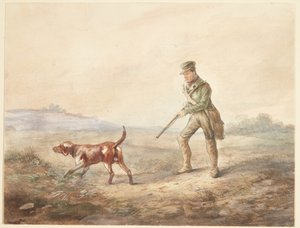Bir avcı ve köpeğiyle manzara by Ubekendt