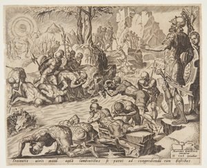 Gideon, askerlerin içme şeklini izliyor by Ubekendt efter Maarten van Heemskerck