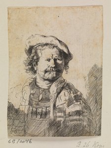 Düz şapkalı ve işlemeli elbiseli Rembrandt by Ubekendt efter Rembrandt