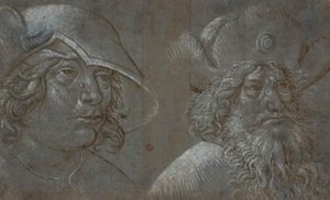 Sağda üç çeyrek profilde iki erkek kafası, ikisi de çarpıcı şapkalar giyiyor. by Ubekendt tysk nederlandsk ca. 1500