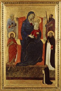 Bakire ve Çocuk, Aziz Peter, Paul, Vaftizci Yahya, Dominic ve bir bağışçı ile tahta çıktı, 1325-35