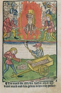 Jan Hus, 1483'te yayınlanan 'Constance Konseyi Tarihi'nden, Constance Konseyi'nde kazıkta yakıldı.
