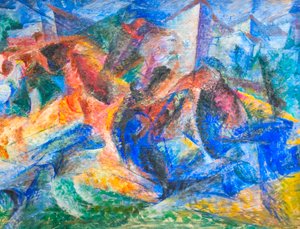 At, binici ve binalar by Umberto Boccioni