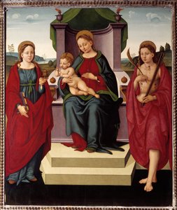 Madonna, St Magdalene ve Sebastian arasındaki tahtta (tuval üzerine yağlı boya by Umbrian School