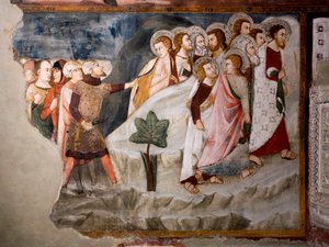 Havarilerden uçuş. Detay. 15. yüzyılın Umbria okulunun freski. Üstün Kilise. Saint Benedetto Manastırı (Sacro Speco), Subiaco (Roma), İtalya by Umbrian School