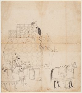 Caparisoned Elephant and Horses çizimi, c. 1760. by Unbekannt