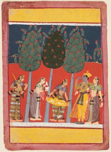 Rasikapriya serisinden bir sayfa: Krishna ve Radha ve müzik aletleriyle Sakhiler, c. 1650 by Unbekannt