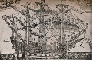 The Ark Royal olduğuna inanılan bir geminin gravürü, c1587 by Unbekannt