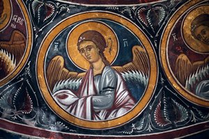 Asinou Kilisesi'nin Narteks tonozundan Bizans freskinin İsa'nın Etrafında Melek Madalyonu ve Son Yargı Detayı Son yargı sahnesi 14. yüzyıl (1332) UNESCO, dünya kültür mirası alanı Trodos bölgesi, Kıbrıs by Unbekannt