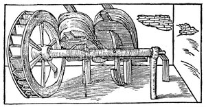 Su çarkı ile çalışan bir eksantrik mili tarafından çalıştırılan körükler, 1540 by Unbekannt