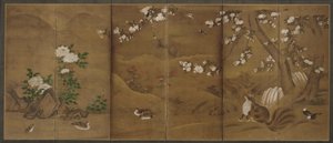 Kuşlar, mevsim çiçekleri ve misk kedileri, Muromachi veya Momoyama dönemi, 16. yüzyıl. by Unbekannt