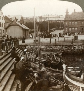 Yoğun bir Arktik ticaret limanında balık satın almak, Tromsoe 69° 38 N. Lat., Kuzey Norveç, 1902. by Unbekannt