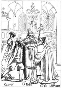 Calvin, Luther ve Papa birbirleriyle savaşıyor, 1600 yayınlandı by Unbekannt