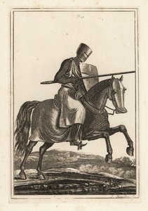 Zincir posta hauberk, düz miğfer, mızrak, ısıtıcı kalkan, tekme zırh jamesons, savaş eyeri içinde 12. ve 13. yüzyılın şarj şövalyesi by Unbekannt