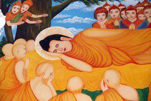 Chua Tu Quang Budist tapınağı. Yatan Buda tablosu. 45 yıl Dharma