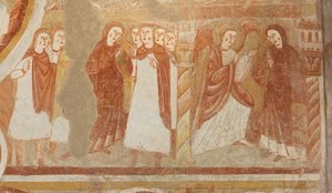 Kilise (Église Saint-Martin). İç mekan. Duvar resimleri (fresk). Nefin batı duvarı. Detay. Bakire