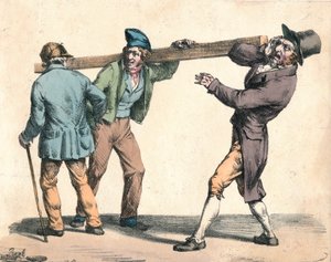 19. yüzyıla ait bir tahta parçası taşıyan sakar adam. by Unbekannt