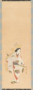 Renkli yapraklarla desenli beyaz elbiseli dansçı..., Edo dönemi, Kambun dönemi, 1661-1673. by Unbekannt