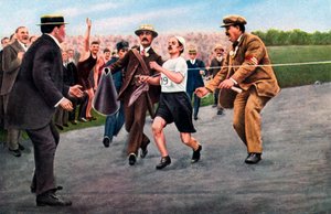 Dorando Pietri ilk modern Olimpiyat maratonunu bitirirken, Londra, 1908 by Unbekannt