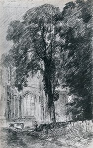Doğu Bergholt Kilisesi: bir grup karaağacın ötesinde görülen batı ucunun bir kısmı, 1812, 1925 by Unbekannt