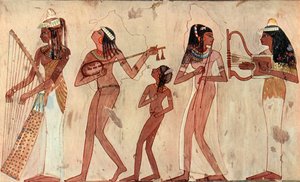 Mısır kemerli arp, ud, çift obua ve lir, Veset Thebes