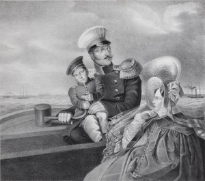 İmparator Nicholas I ve İmparatoriçe Alexandra Fyodorovna, oğlu Konstantin Nikolaevich ile bir tekne gezisinde, by Unbekannt
