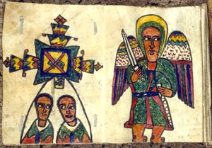 Kılıcı olan bir meleği ve muhtemelen rahip olan iki adamı gösteren Etiyopya dua kitabı, 19. yüzyıl by Unbekannt