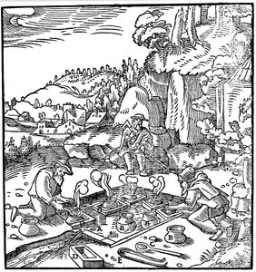 Tuz elde etmek için doğal bir kaplıcada tuzlu su kaplarının buharlaştırılması, 1556 by Unbekannt