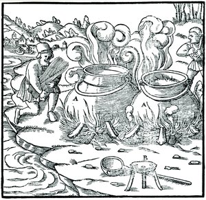 Tuz elde etmek için deniz suyunun demir kaplarda buharlaştırılması, 1556 by Unbekannt