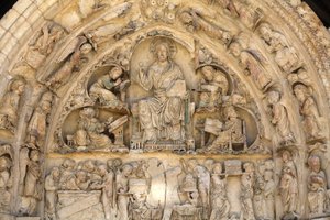 Fleury abbey bazilikası kuzey kapısı tympanum : Aziz Benoit sur Loire Fransa evangelistler tarafından çevrili zafer İsa by Unbekannt