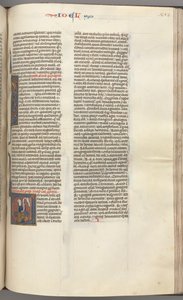 fol. 353r, Joel, ilk V harfini tarihlendirdi, Joel bir parşömenle oturuyor, yukarıda Tanrı büstü, c. 1275-1300. by Unbekannt